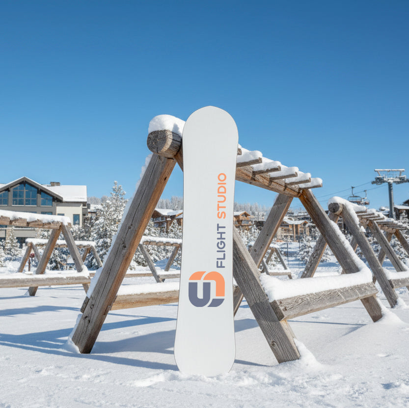 Snowboard with 'Flight Studio' branding leaning against a wooden structure in a snowy landscape.