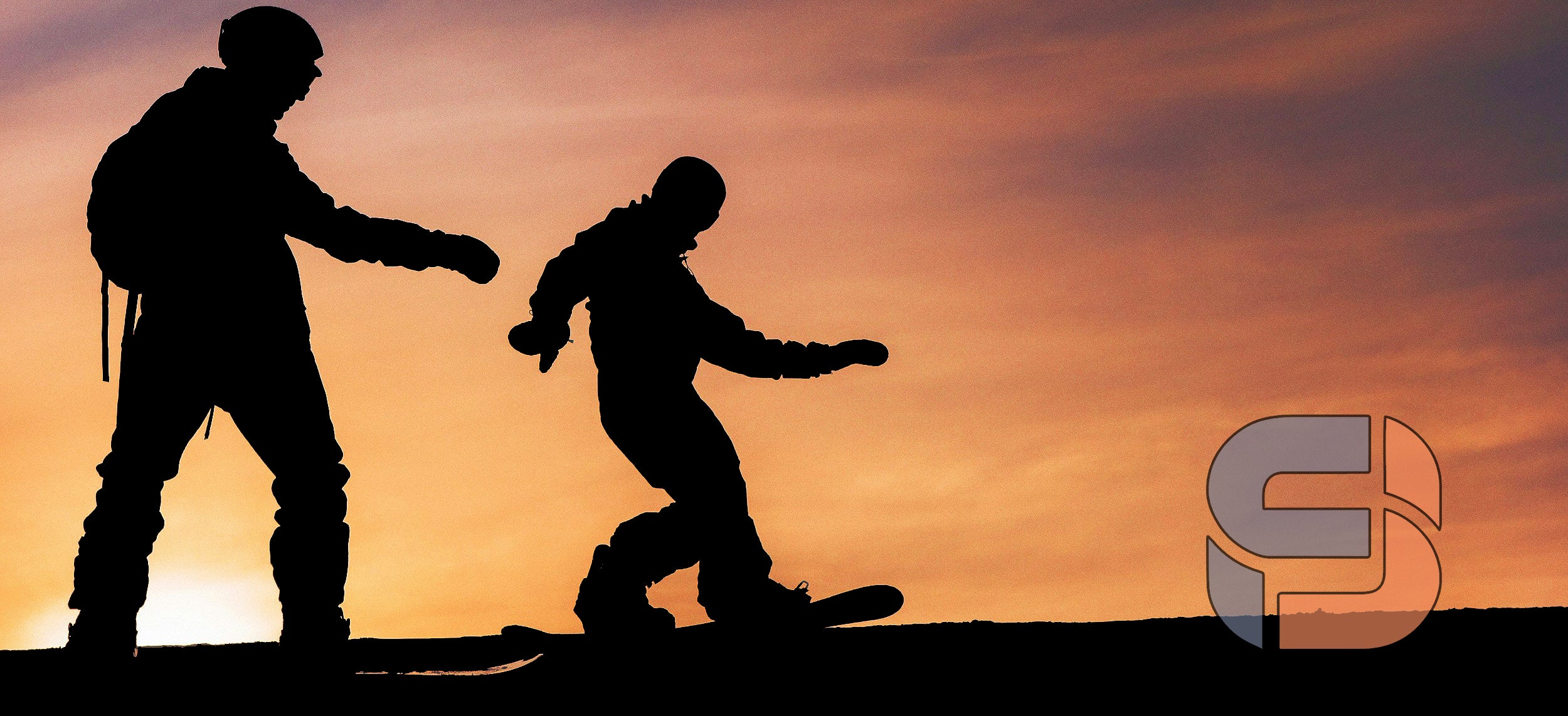 Silhouette of two people snowboarding. Flight Snowsports Perth Snowboard shop logo on the the right 